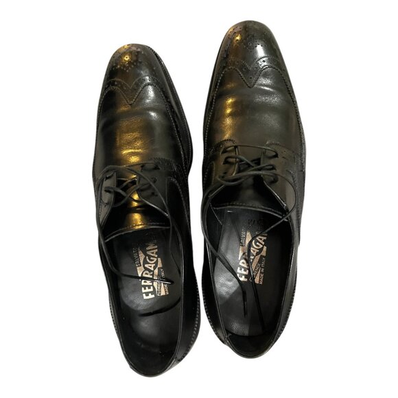 Salvatore Ferragamo Black Calfskin Leather Lace-Up Derby Shoes w/Wingtip Toe Cap - Picture 5 of 7